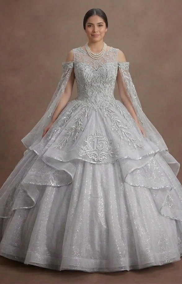 Quinceañera Dress Silver Sequin Tulle Luxury Celebration