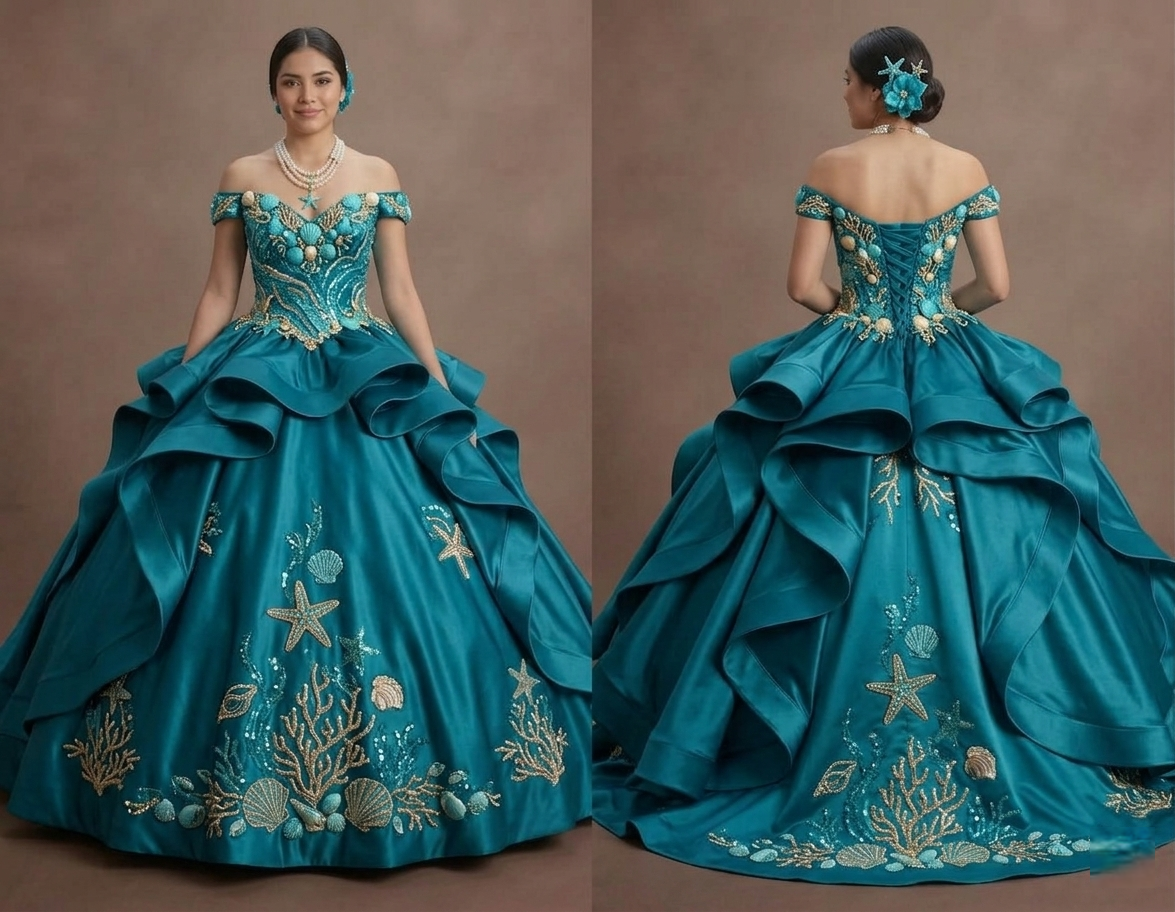 Quinceañera Dress Turquoise Satin Beach Theme