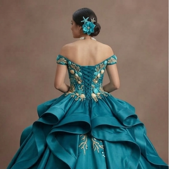 Quinceañera Dress Turquoise Satin Beach Theme