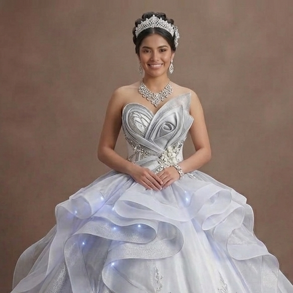 Quinceañera Dress White Silver Organza Modern Princess