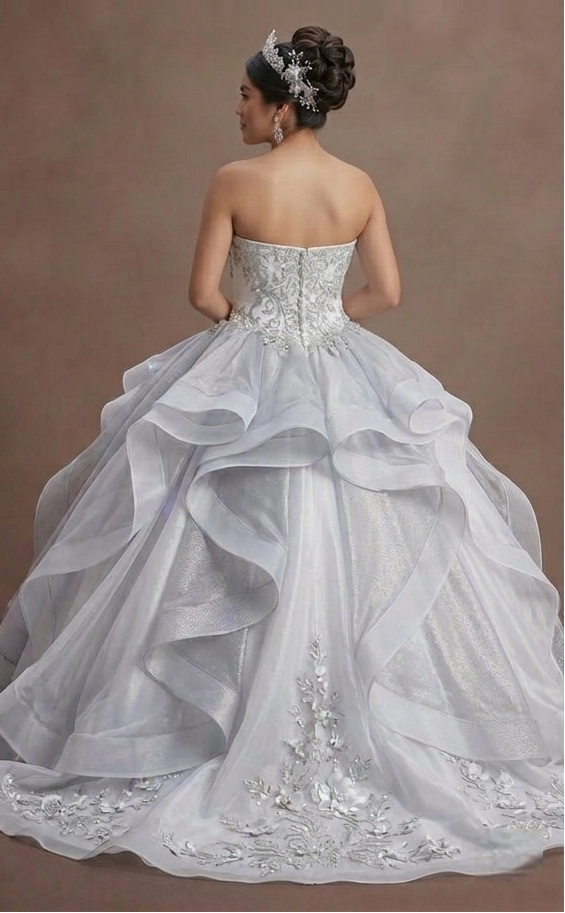 Quinceañera Dress White Silver Organza Modern Princess