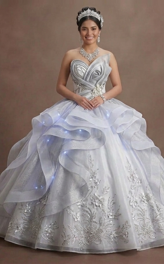 Quinceañera Dress White Silver Organza Modern Princess