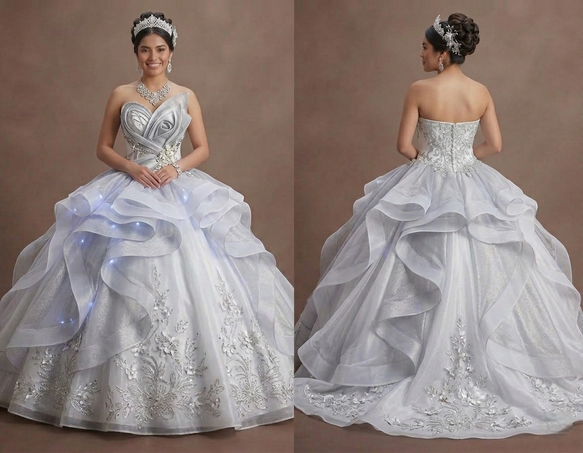 Quinceañera Dress White Silver Organza Modern Princess