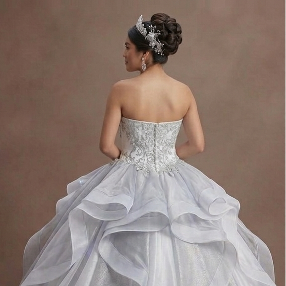 Quinceañera Dress White Silver Organza Modern Princess