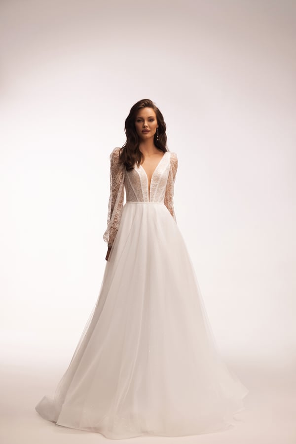 Stunning A-Line Wedding Gown with V-Neckline, Long Sleeves, and Sequin Embellishments