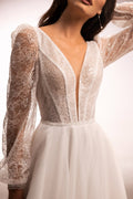 Stunning A-Line Wedding Gown with V-Neckline, Long Sleeves, and Sequin Embellishments