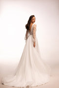 Stunning A-Line Wedding Gown with V-Neckline, Long Sleeves, and Sequin Embellishments