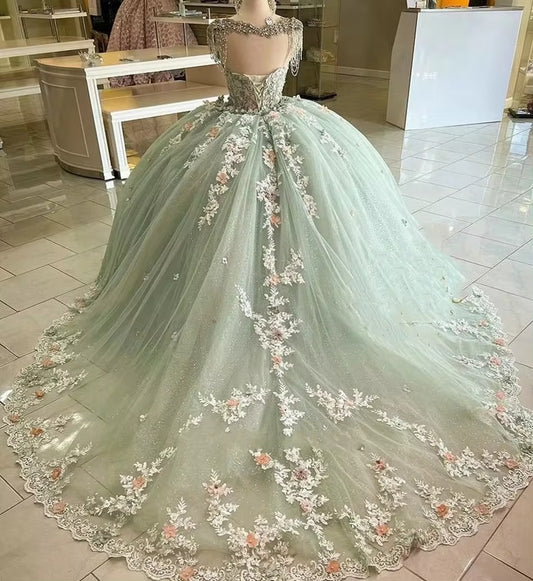 Luxury Green Quinceanera Dress Crystals 3D Floral Appliques Robes De Soirée Vestidos De 15 Anos Formal Birthday