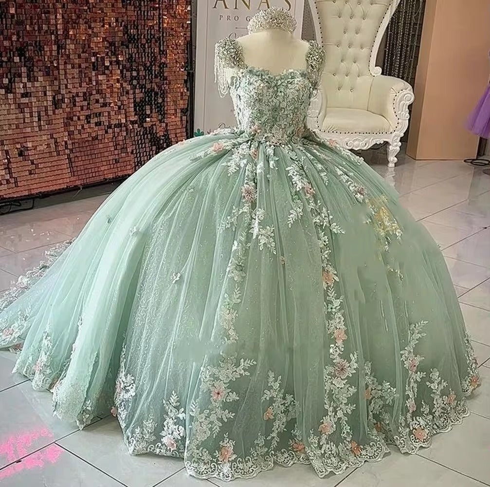 Luxury Green Quinceanera Dress Crystals 3D Floral Appliques Robes De Soirée Vestidos De 15 Anos Formal Birthday