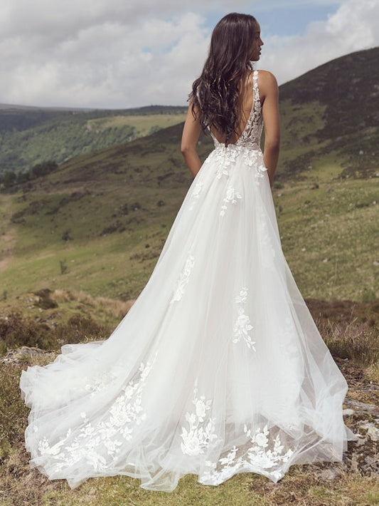 Abiti da sposa in tulle senza schienale romantico Applique in pizzo senza maniche vestido nolia a linea abiti da sposa boho da sposa personalizzati