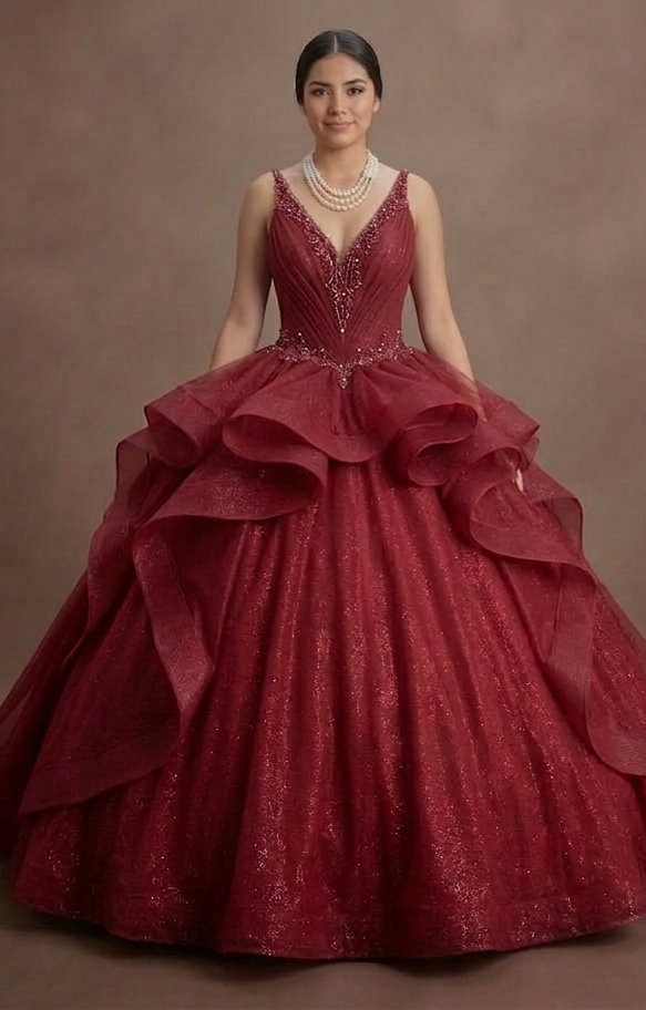 Red Quinceañera Dress - Glitter Tulle Ball Gown for 2026