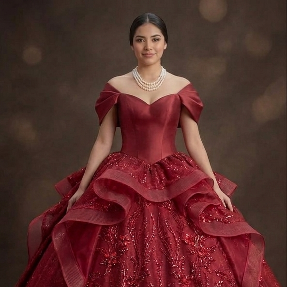 Red Quinceañera Dress - Off-the-Shoulder Silk Sophistication