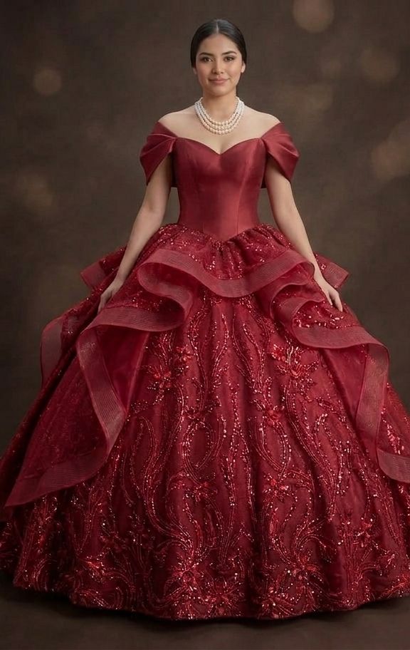 Red Quinceañera Dress - Off-the-Shoulder Silk Sophistication