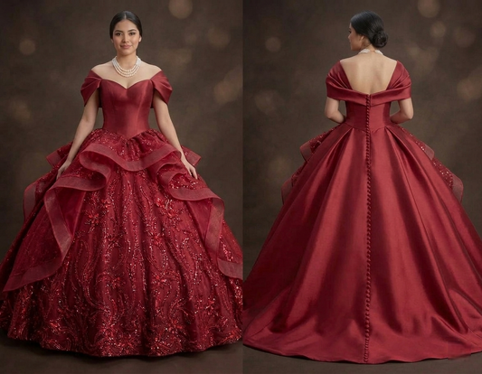 Red Quinceañera Dress - Off-the-Shoulder Silk Sophistication