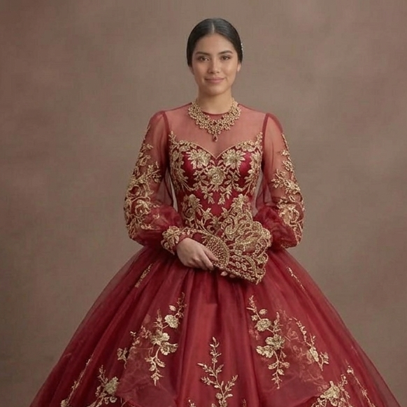 Red Quinceañera Dress Floral Embroidery Organza Gown