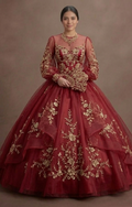 Red Quinceañera Dress Floral Embroidery Organza Gown