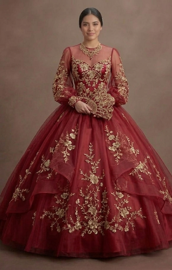 Red Quinceañera Dress Floral Embroidery Organza Gown