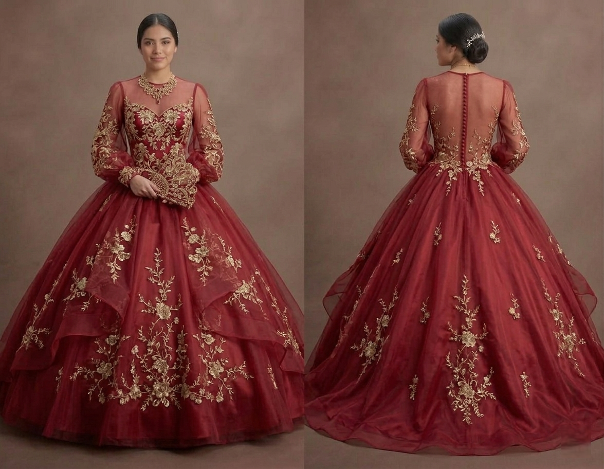 Red Quinceañera Dress Floral Embroidery Organza Gown