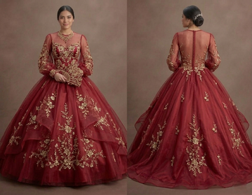 Red Quinceañera Dress Floral Embroidery Organza Gown