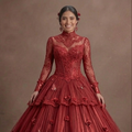Red Quinceañera Dress High-Neck Victorian Lace Gown