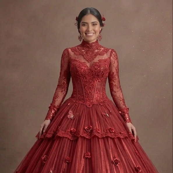 Red Quinceañera Dress High-Neck Victorian Lace Gown