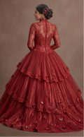 Red Quinceañera Dress High-Neck Victorian Lace Gown