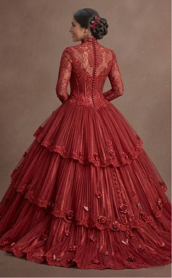 Red Quinceañera Dress High-Neck Victorian Lace Gown