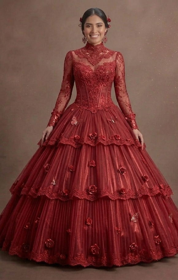 Red Quinceañera Dress High-Neck Victorian Lace Gown