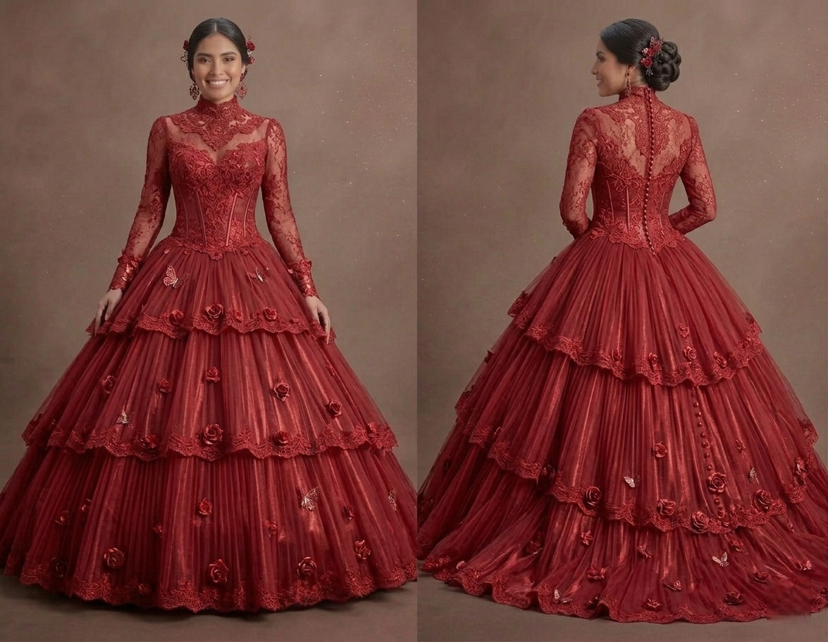 Red Quinceañera Dress High-Neck Victorian Lace Gown