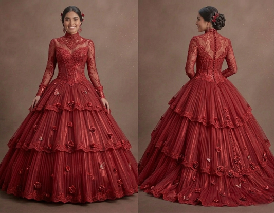 Red Quinceañera Dress High-Neck Victorian Lace Gown