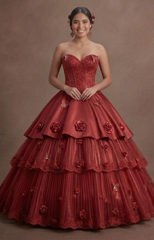 Red Quinceañera Dress Petite Fit Satin Party Gown