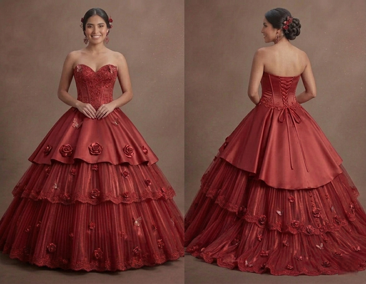 Red Quinceañera Dress Petite Fit Satin Party Gown