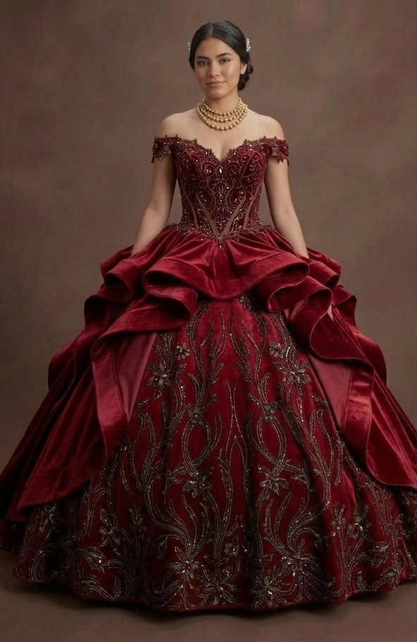 Red Quinceañera Dress in Velvet: Elegant Winter XV Style