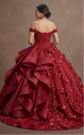 Red Quinceañera Dress with 3D Floral Appliques and Tulle