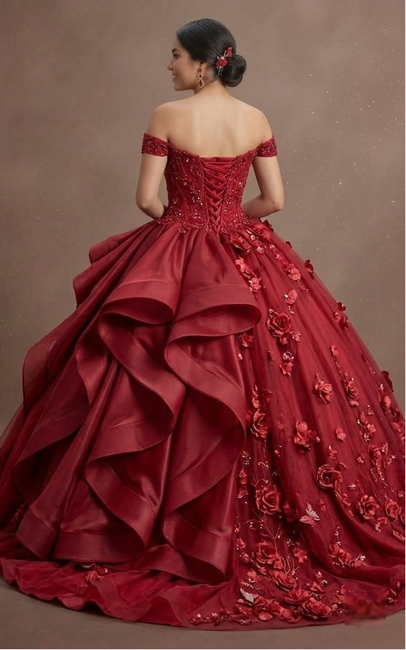 Red Quinceañera Dress with 3D Floral Appliques and Tulle