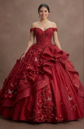 Red Quinceañera Dress with 3D Floral Appliques and Tulle