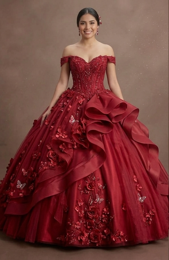 Red Quinceañera Dress with 3D Floral Appliques and Tulle