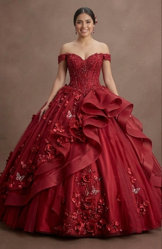 Red Quinceañera Dress with 3D Floral Appliques and Tulle