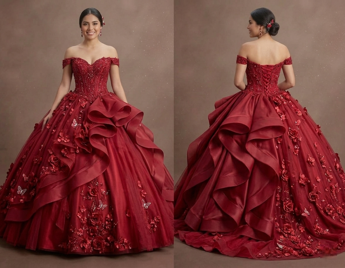 Red Quinceañera Dress with 3D Floral Appliques and Tulle