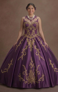 Regal Purple Quinceañera Dress Gold Thread Embroidery