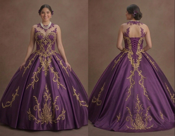 Regal Purple Quinceañera Dress Gold Thread Embroidery