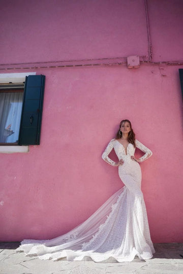 Elegant Mermaid Wedding Gown with Long Sleeves, Graceful V-Neckline, and Sparkling Beaded Lace Detailing for a Sophisticated and Timeless Bridal Look