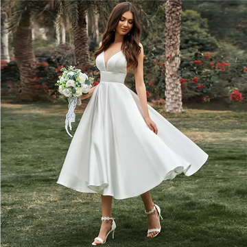 Simples vestido de casamento curto para mulher civil a linha decote em v cintas de espaguete vestido de noiva chá-comprimento robe de mariee