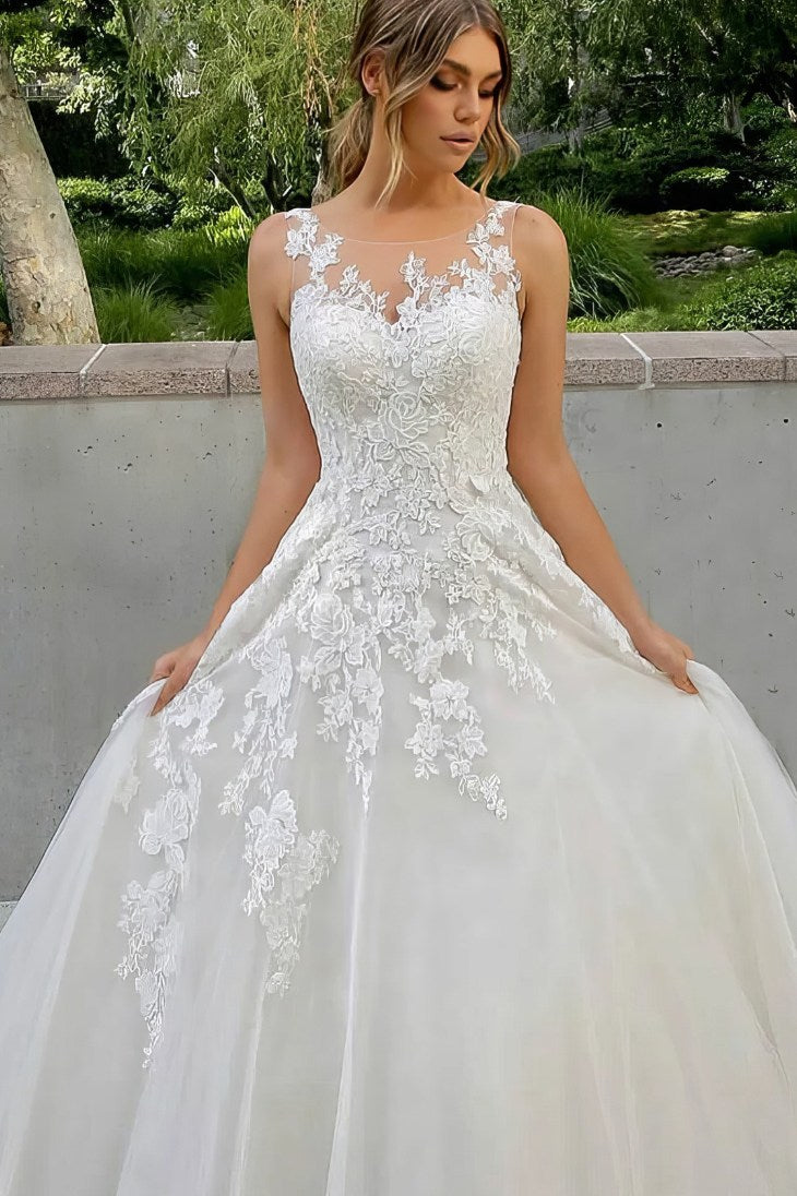Vestidos de novia elegantes, sencillos, sin hombros, estilo princesa esponjoso, apliques de encaje romántico, vestido de novia hecho a medida