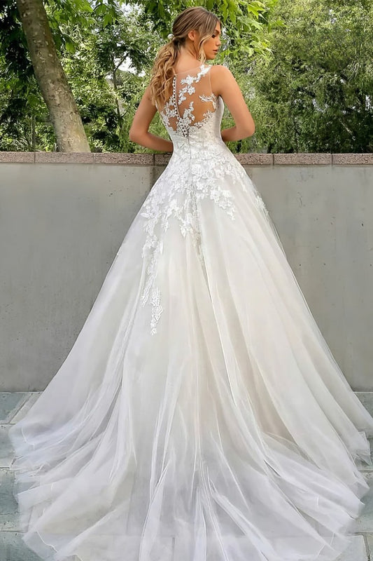 Eleganta bröllopsklänningar enkla av axel ärmlös fluffig prinsessan stil romantisk spets applikation brudklänning skräddarsydd