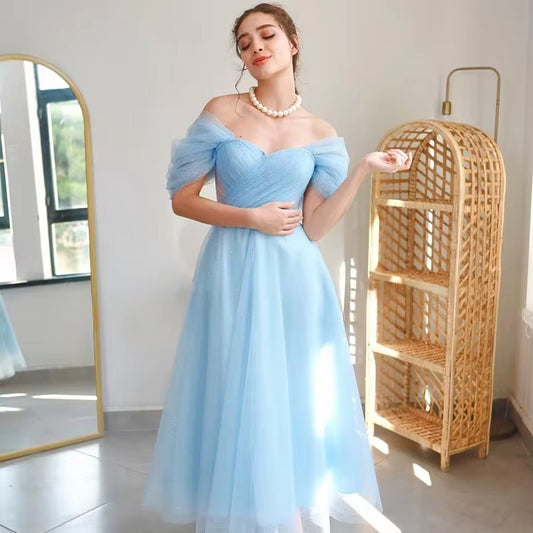 Hearty Sky Blue Tulle Prom Dresses Off The Shoulder A-Line Pleat Ruched Gowns Homecoming Dress Graduation Party