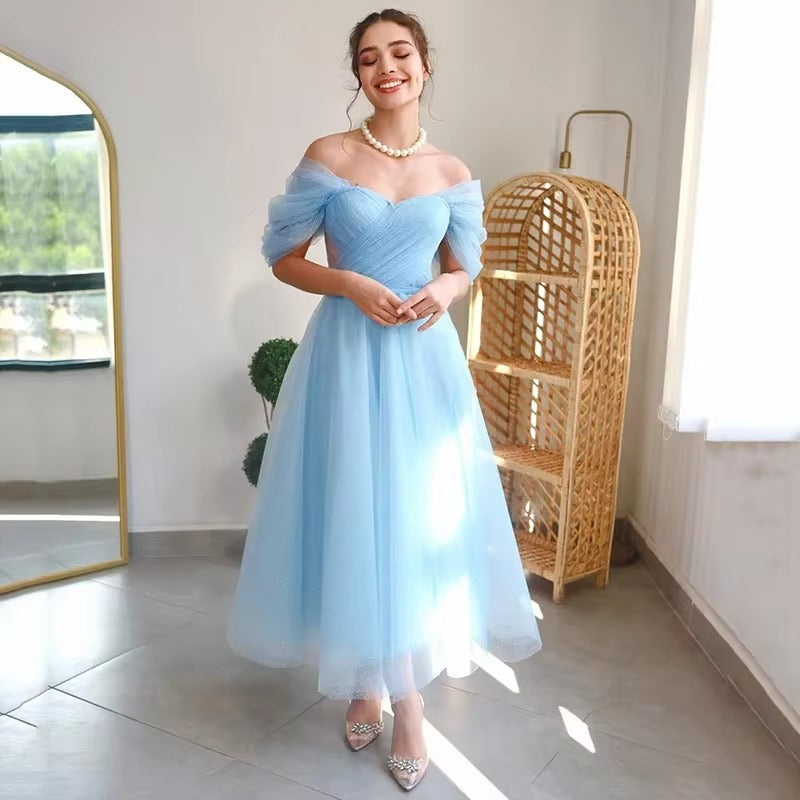 Hearty Sky Blue Tulle Prom Dresses Off The Shoulder A-Line Pleat Ruched Gowns Homecoming Dress Graduation Party