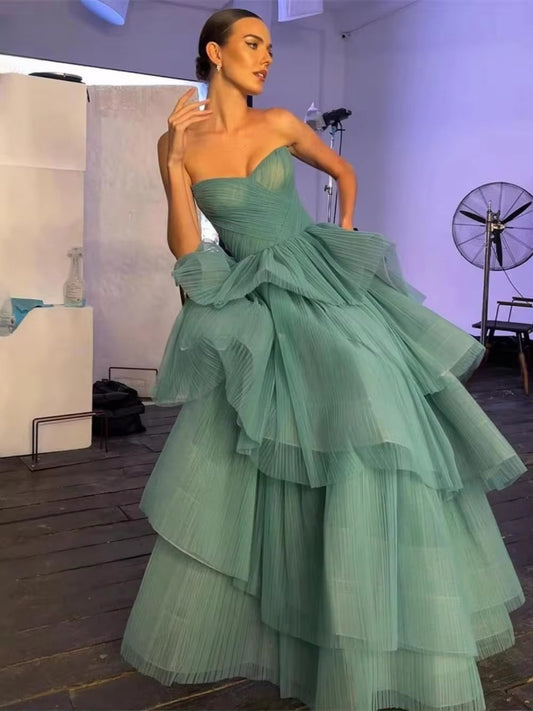 Mint Green Prom Dresses Organza Strapless A-Line Tiered Layered Skirt Pleat Ruched Floor Length Women Party Gowns