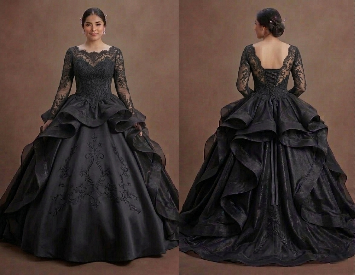 Romantic Black Quinceañera Dress Chantilly Lace Overlay