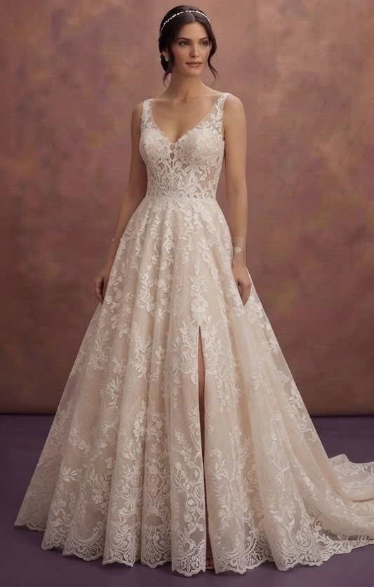 Romantic Lace Ball Gown Wedding Dresses with Cathedral Trains